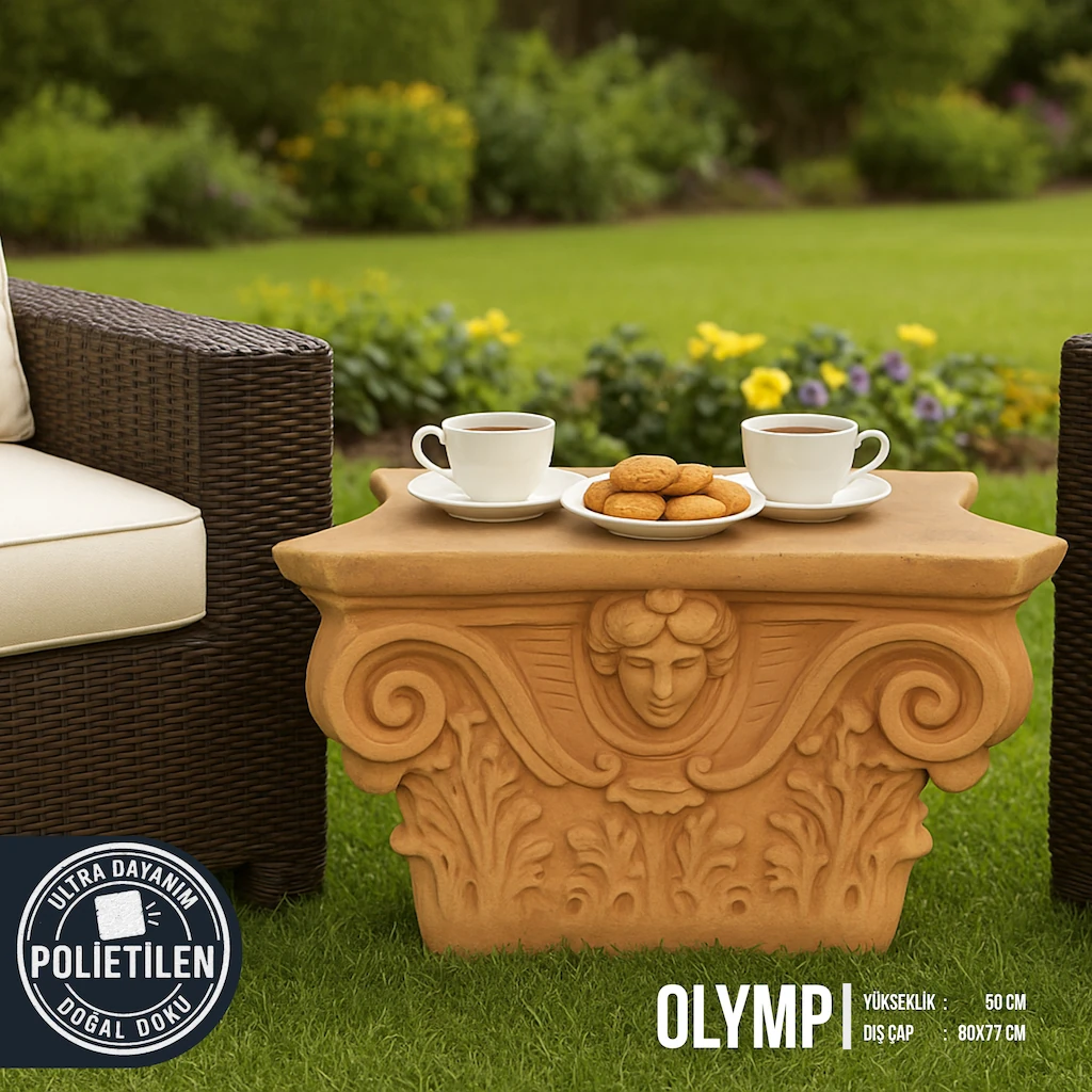 OLYMP Doğal Taş Dokulu Antik Sütun Formlu Rustik Sehpa (80×77 cm)